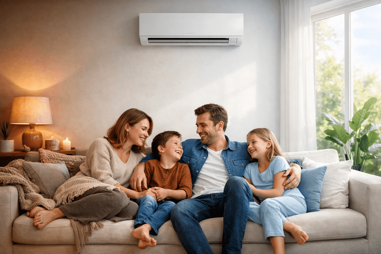 Climatisation réversible split installée dans un salon moderne pour confort été hiver